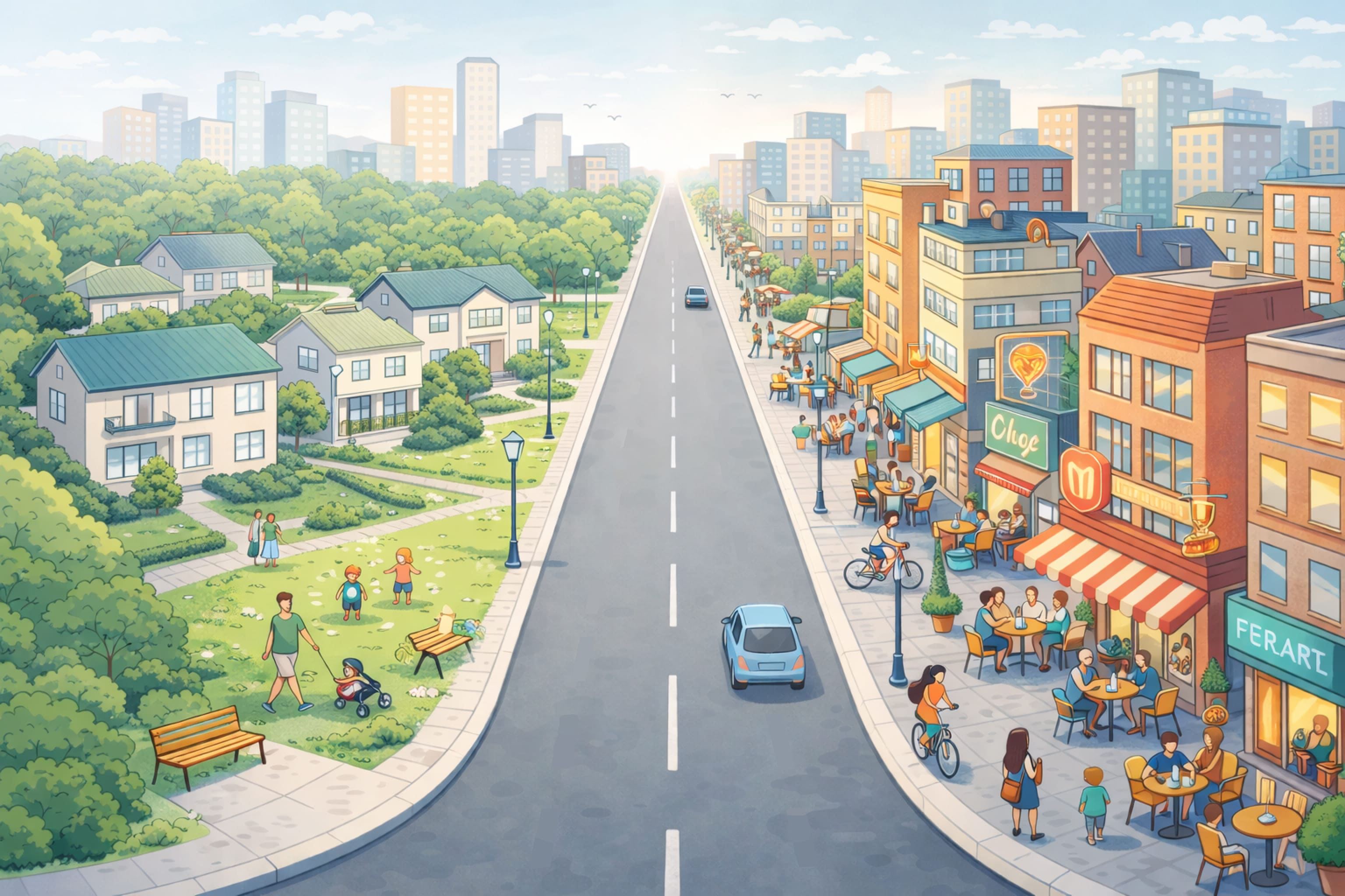 Une route sépare un quartier calme, vert et familial d'un quartier dynamique, urbain et jeune